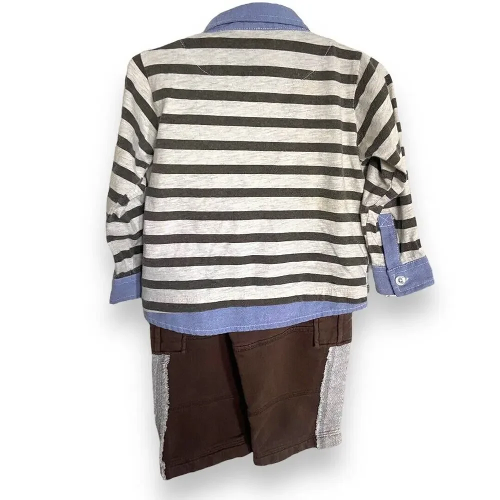 Naartjie Boys Outfit Size 18-24 Mo Brown Gray Stripes Shirt Thick‎ Pants Layered